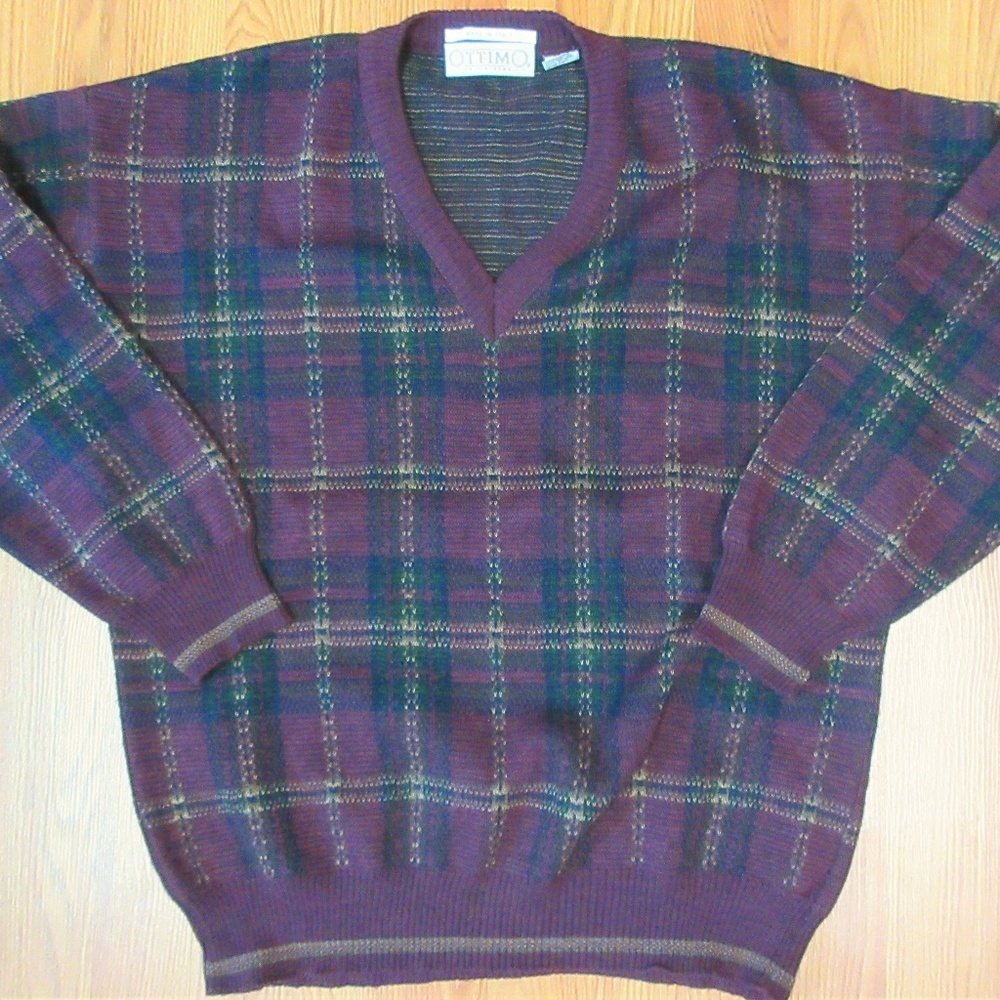 VTG OTTIMO WOOL V-NECK SWEATER MAROON WINDOW PANE